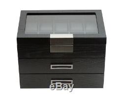 10 20 30 Wrist Watch Black Oak Wood Leather Storage Display Box Display Case