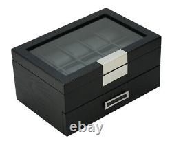 10 20 Wrist Watch Black Oak Wood Leather Storage Display Box Display Case