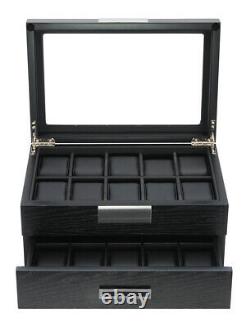 10 20 Wrist Watch Black Oak Wood Leather Storage Display Box Display Case