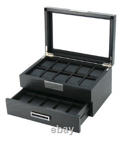 10 20 Wrist Watch Black Oak Wood Leather Storage Display Box Display Case