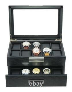 10 20 Wrist Watch Black Oak Wood Leather Storage Display Box Display Case