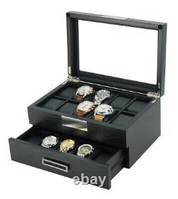 10 20 Wrist Watch Black Oak Wood Leather Storage Display Box Display Case