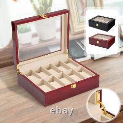 10 Grids Wooden Watch Jewelry Display Box Storage Organizer Glass Case