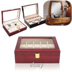 10 Grids Wooden Watch Jewelry Display Box Storage Organizer Glass Case