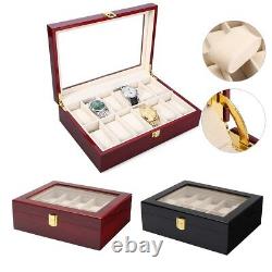 10 Grids Wooden Watch Jewelry Display Box Storage Organizer Glass Case