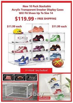 10 Large Stackable Acrylic Sneaker Storage Display Cases, Drop Side, Size 14