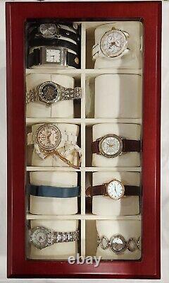 10-Slot WATCH BOX Wooden Glass Jewelry Storage Display Case WITH WATCHES