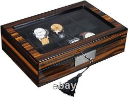 10 Slots Wooden Watch Display Case Glass Top Jewelry Collection Storage Box Orga