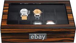 10 Slots Wooden Watch Display Case Glass Top Jewelry Collection Storage Box Orga