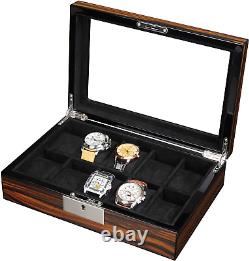 10 Slots Wooden Watch Display Case Glass Top Jewelry Collection Storage Box Orga