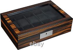 10 Slots Wooden Watch Display Case Glass Top Jewelry Collection Storage Box Orga