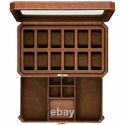 12 Slot Leather Watch Box with Valet Drawer Luxury Watch Case Display