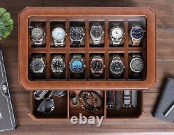 12 Slot Leather Watch Box with Valet Drawer Luxury Watch Case Display