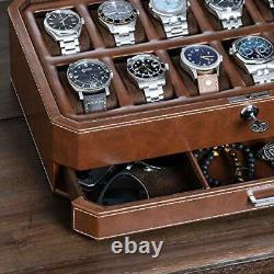 12 Slot Leather Watch Box with Valet Drawer Luxury Watch Case Display