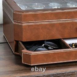 12 Slot Leather Watch Box with Valet Drawer Luxury Watch Case Display