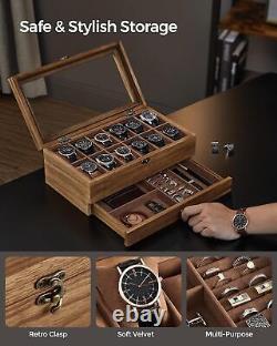12-Slot Watch Box 2-Tier Watch Display Case with Large Glass Lid Removable Watch
