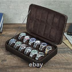 12-Slot Watch Storage Box Travel Display Case Vintage Genuine Leather Coffee