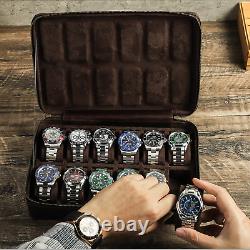 12-Slot Watch Storage Box Travel Display Case Vintage Genuine Leather Coffee