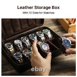 12-Slot Watch Storage Box Travel Display Case Vintage Genuine Leather Coffee