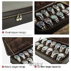 12-Slot Watch Storage Box Travel Display Case Vintage Genuine Leather Coffee