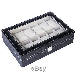 12 Slot Watch Winders Box Leather Display Case Glass Top Jewelry Storage Black