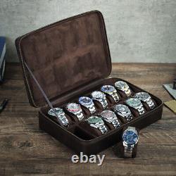 12 Slots Genuine Leather Watches Display Storage Box Travel Watch Organizer Case