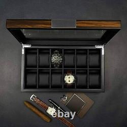 12 Watch Box For Men Display Case Ebony Wood Luxury Box With Large Glass Window