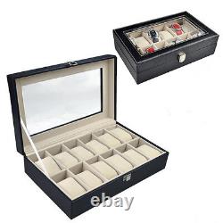 12 space Faux Leather Watch Show Case Organiser Storage Display Box Clear top