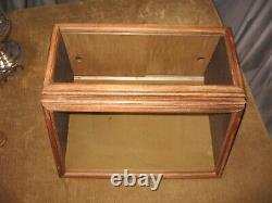 1900s STORE OAK COUNTER DISPLAY CASE GLASS TOP & SLANT FRONT SLIDING BACK DOORS