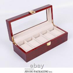 2/3/5/6 Slots Red Watch Box Display Case Organizer Wood Glass Storage Box Solid