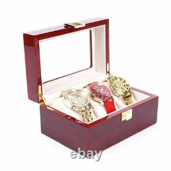 2/3/5/6 Slots Red Watch Box Display Case Organizer Wood Glass Storage Box Solid