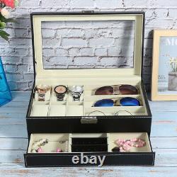 2-Layer Leather Jewelry Box Watch Eyeglass Display Storage Organizer Case Holder