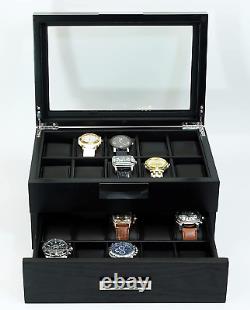 20 Black Ebony Wood Watch Extra Height Box Display Case 2 Level Storage Jewelry