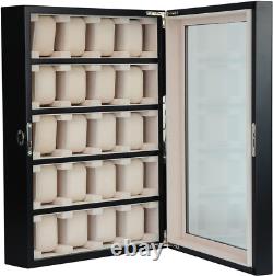 20 Piece Black Ebony Wood Watch Display Wall Hanging Case and Storage Organizer