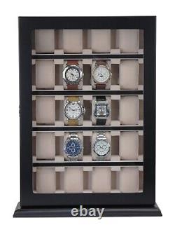 20 Piece Black Ebony Wood Watch Display Wall Hanging Case and Storage Organizer