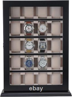 20 Piece Black Ebony Wood Watch Display Wall Hanging Case and Storage Organizer