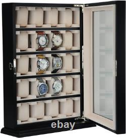 20 Piece Black Ebony Wood Watch Display Wall Hanging Case and Storage Organizer