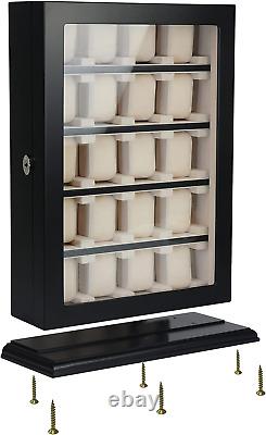 20 Piece Black Ebony Wood Watch Display Wall Hanging Case and Storage Organizer