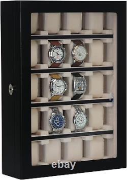 20 Piece Black Ebony Wood Watch Display Wall Hanging Case and Storage Organizer