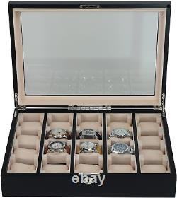 20 Piece Black Ebony Wood Watch Display Wall Hanging Case and Storage Organizer