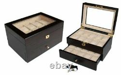 20 Piece Ebony Walnut Wood Men's Watch Box Display Case Collection Jewelry Box