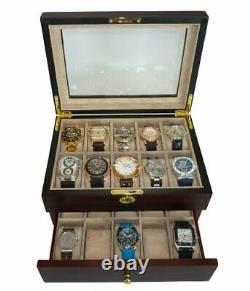 20 Piece Ebony Walnut Wood Men's Watch Box Display Case Collection Jewelry Box