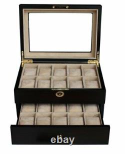 20 Piece Ebony Walnut Wood Men's Watch Box Display Case Collection Jewelry Box