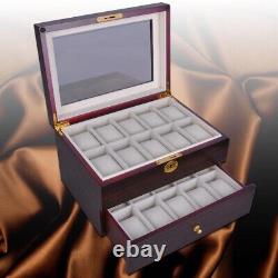 20 Slot Ebony Wood Watch Box Display Case Glass Top Jewelry Storage Organizer