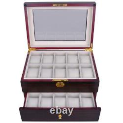 20 Slot Ebony Wood Watch Box Display Case Glass Top Jewelry Storage Organizer