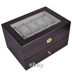 20 Slot Ebony Wood Watch Box Display Case Glass Top Jewelry Storage Organizer