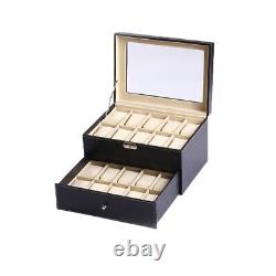 20 Slot Grid PU Leather Watch Box Display Case Holder Storage with Lock Two Floors