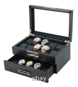 20 Slot Wrist Watch Black Oak Wood Storage Display Box Case Chest Cabinet Drawer