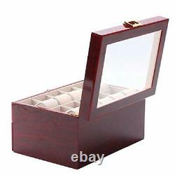 20 Slots Wood Watch Box Glass Top Mens Watches Display Case Organizer For