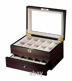 20 Slots Wooden Watch Display Case Glass Top Jewelry Collection Storage Box